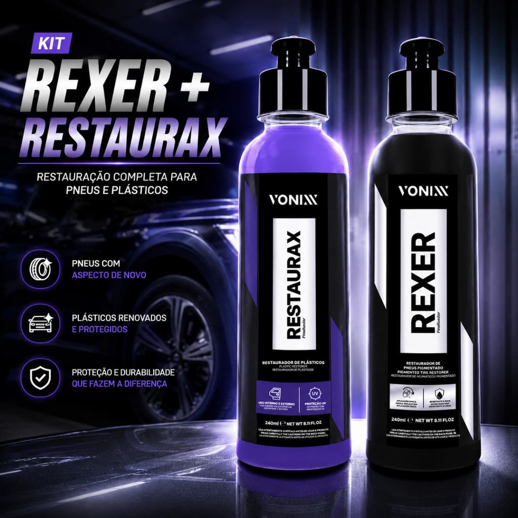 Kit Vonixx Restaurador De Plásticos e Pneus Rexer Restaurax 240ml Mais Cor Mais Brilho