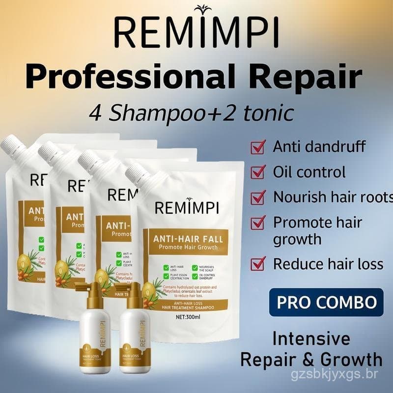 Conjunto de Reparação Intensiva REMIMPI – 4 Shampoos Anti-Queda + 2 Tônicos para Crescimento Capilar |   Fórmula Herbal
