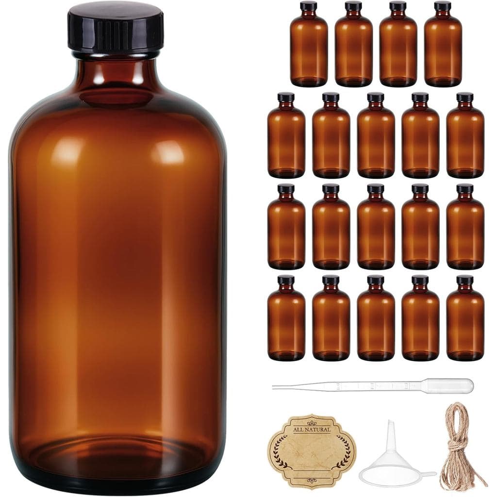 20 Pack,16 OZ Glass Bottles Boston Round Sample Refillable Bottles with Black Caps, Perfect Glass Containers for kombuch