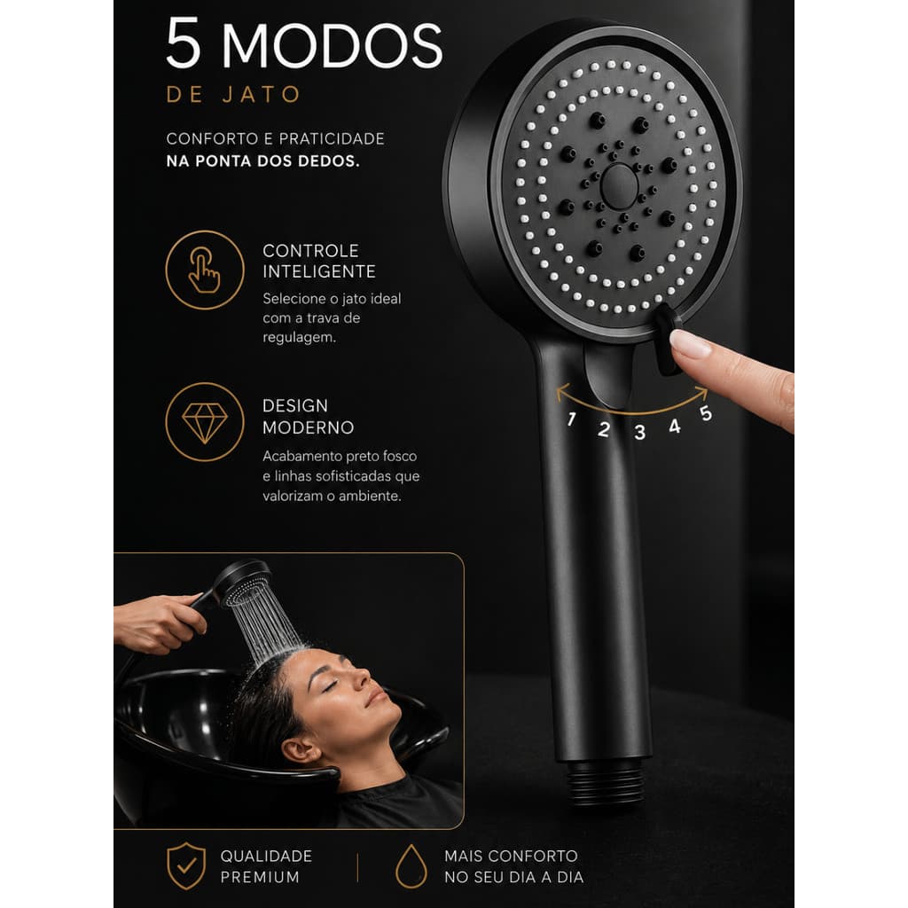 Ducha Cor Preto Chuveiro Lavatório De Alta Pressão Com 5 Modos De Jato