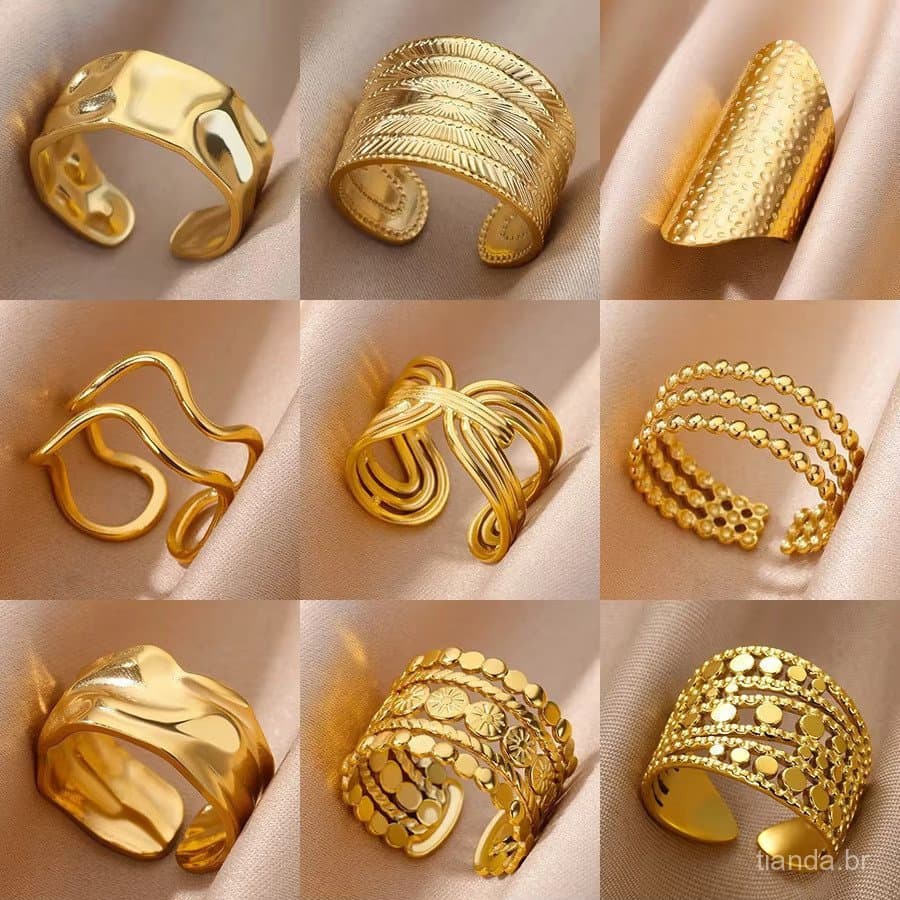 Anel de Aço Inoxidável Banhado a Ouro 18K, Aberto Ajustável, Joia de Casamento não irá descolorir