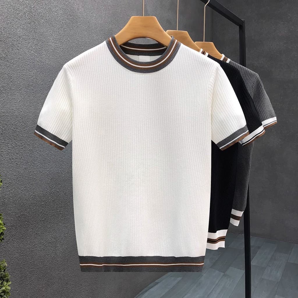 Verão novo estilo camisola de manga curta masculina cor-bloqueando listrado gelo seda respirável