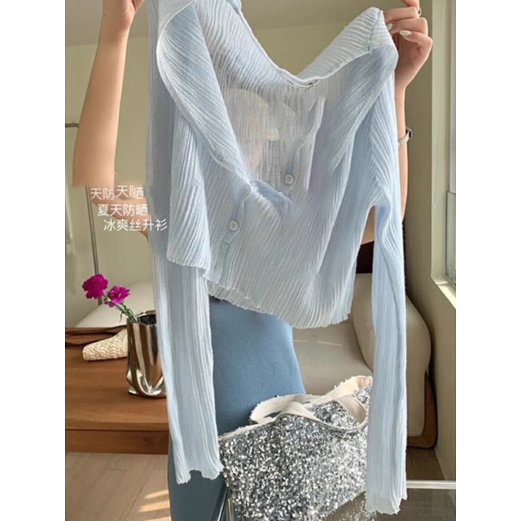 Azul gelo seda curto protetor solar de malha Cardigan feminino 2025 verão com decote em v camisa de ar condicionado fino
