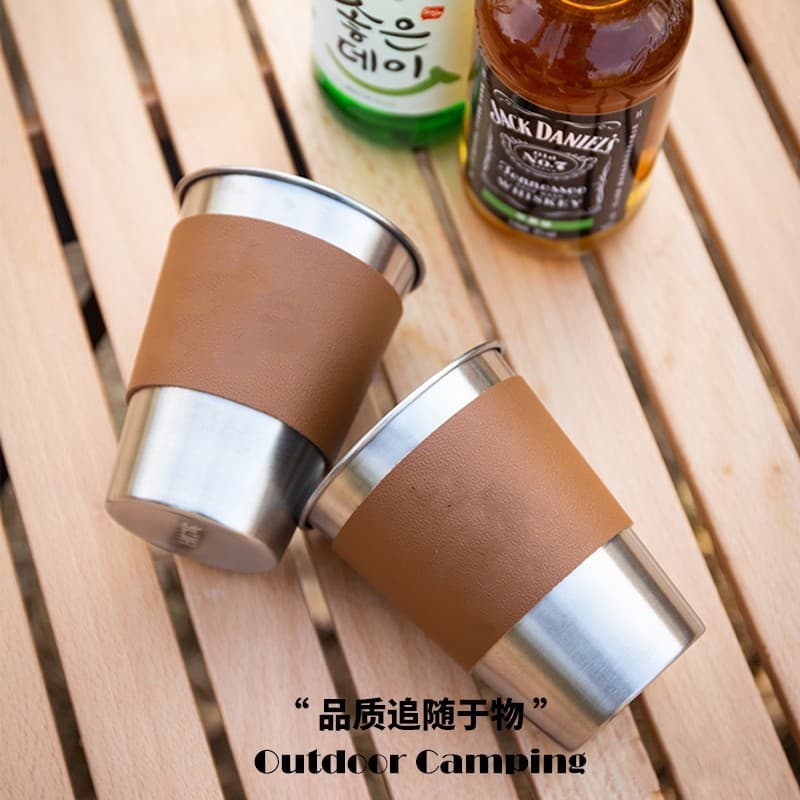 Suporte de copo de couro para acampamento ao ar livre, aço inoxidável, suporte para copo de café, cerveja, copo de chá,