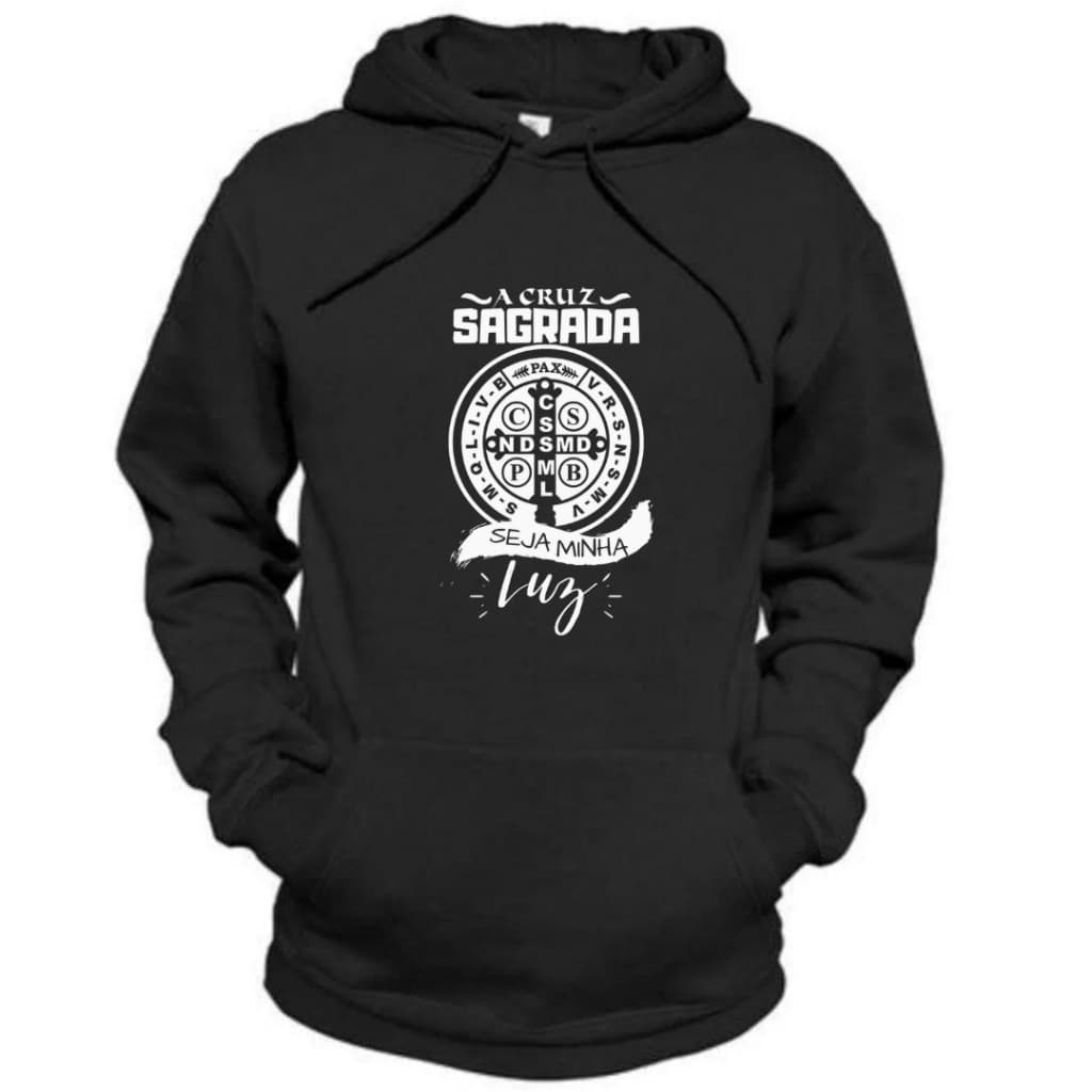 Moletom masculino estampado a cruz sagrada seja minha luz catolico