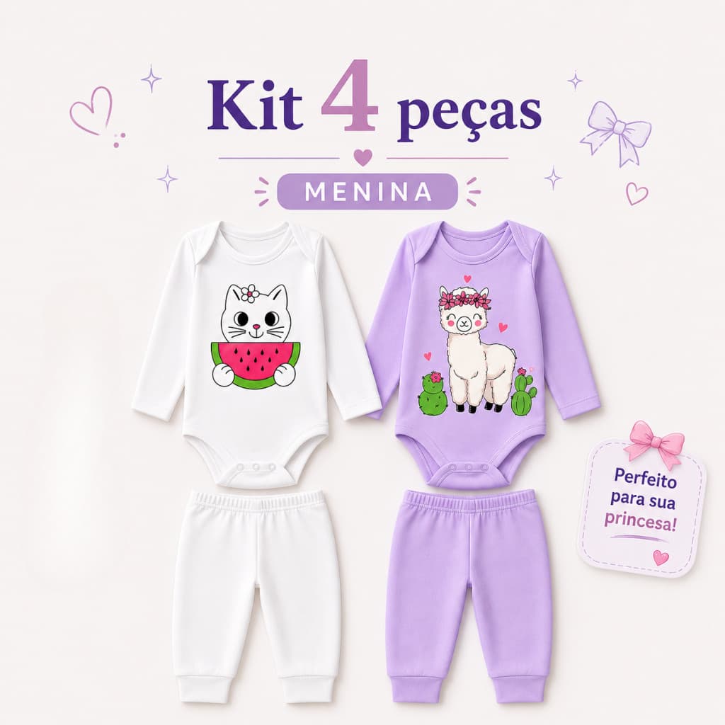 Kit 4 Peças Bebê Menina 2 Bodies Manga Longa + 2 Calças Mijão Feminino Em Algodão Premium