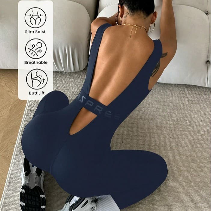 Macacão de yoga sem costas e ajustado ao corpo para esportes e fitness, peça única com recortes que realçam o bumbum, se