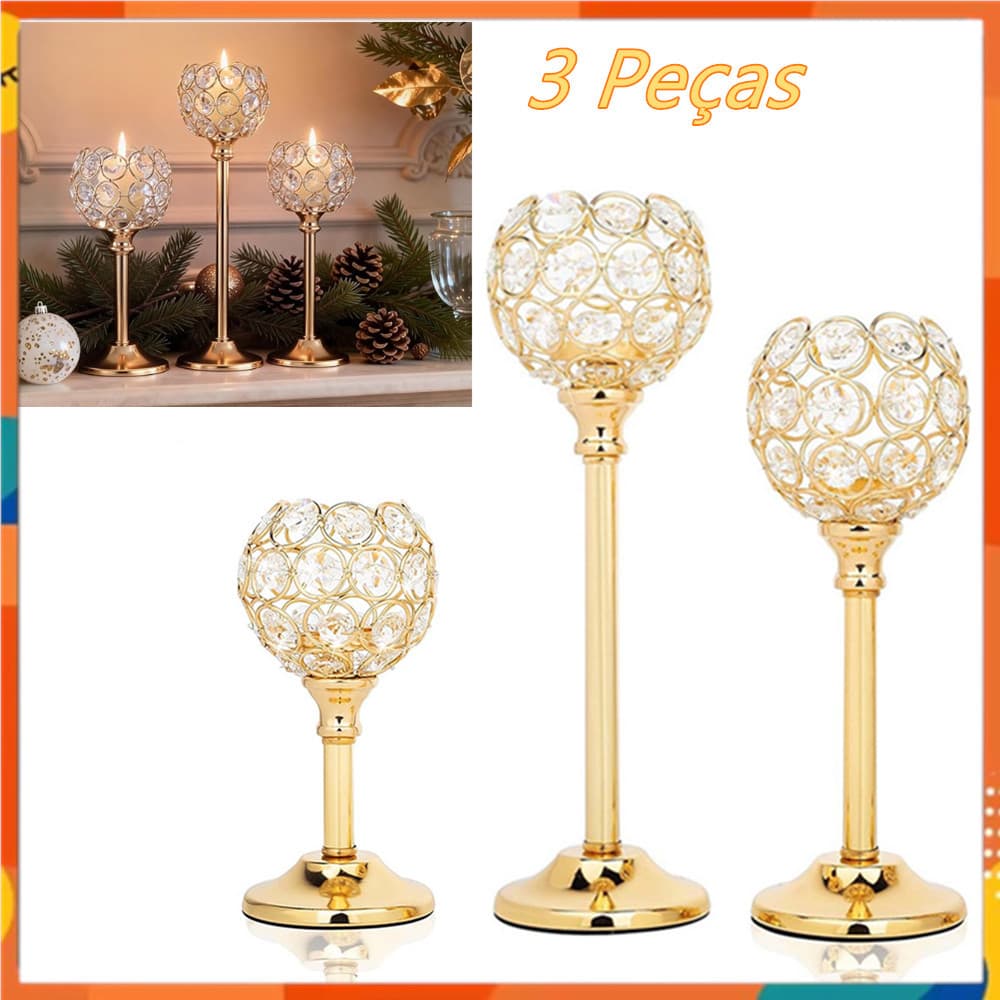Conjunto de 3 peças de castiçal de cristal, castiçal de bola oca retrô dourado, decoração de centro de mesa