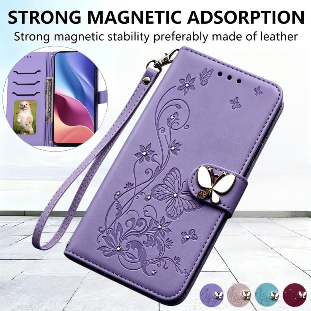 Luxo Glitter Borboleta Flor Flip Couro Carteira Caso Para Xiaomi Redmi 17C 15 15C 14C 13C A7 Note 15 14 13 12 Pro Plus