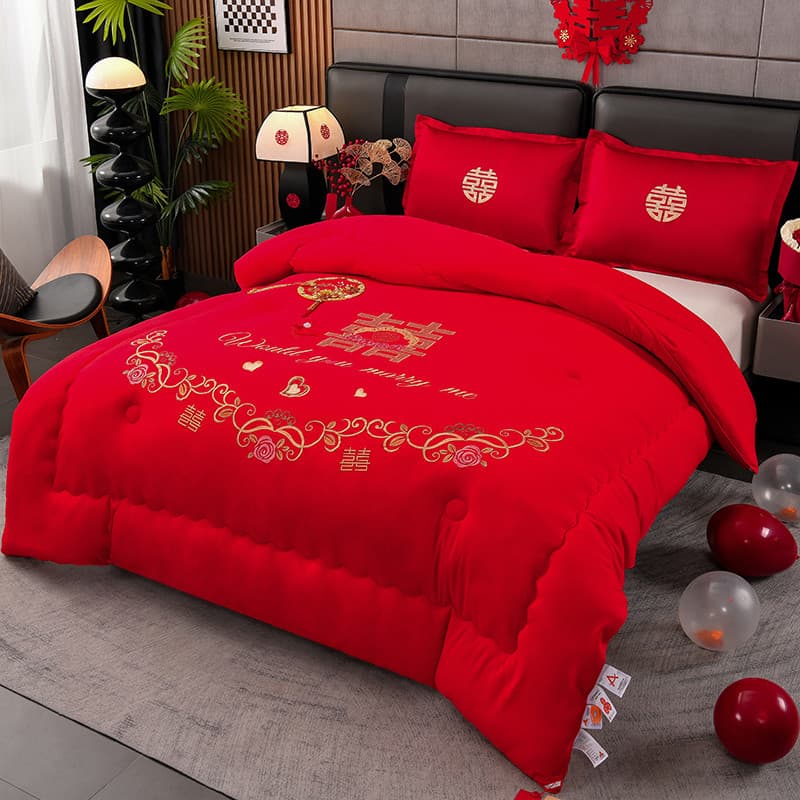 Colcha de casamento fibra de soja bordado feliz colcha noiva dote casamento grande vermelho sala de casamento inverno co