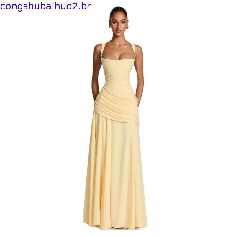 Primavera novo estilo cintura alta A linha saia grande com elegante estilo férias vestido plissado com gola quadrada