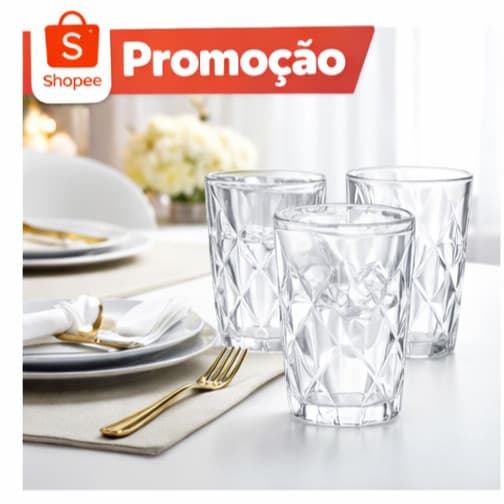 Jogo 4 Copos Diamond 350ml Vidro Transparente – Luxo para Água, Suco e Drinks
