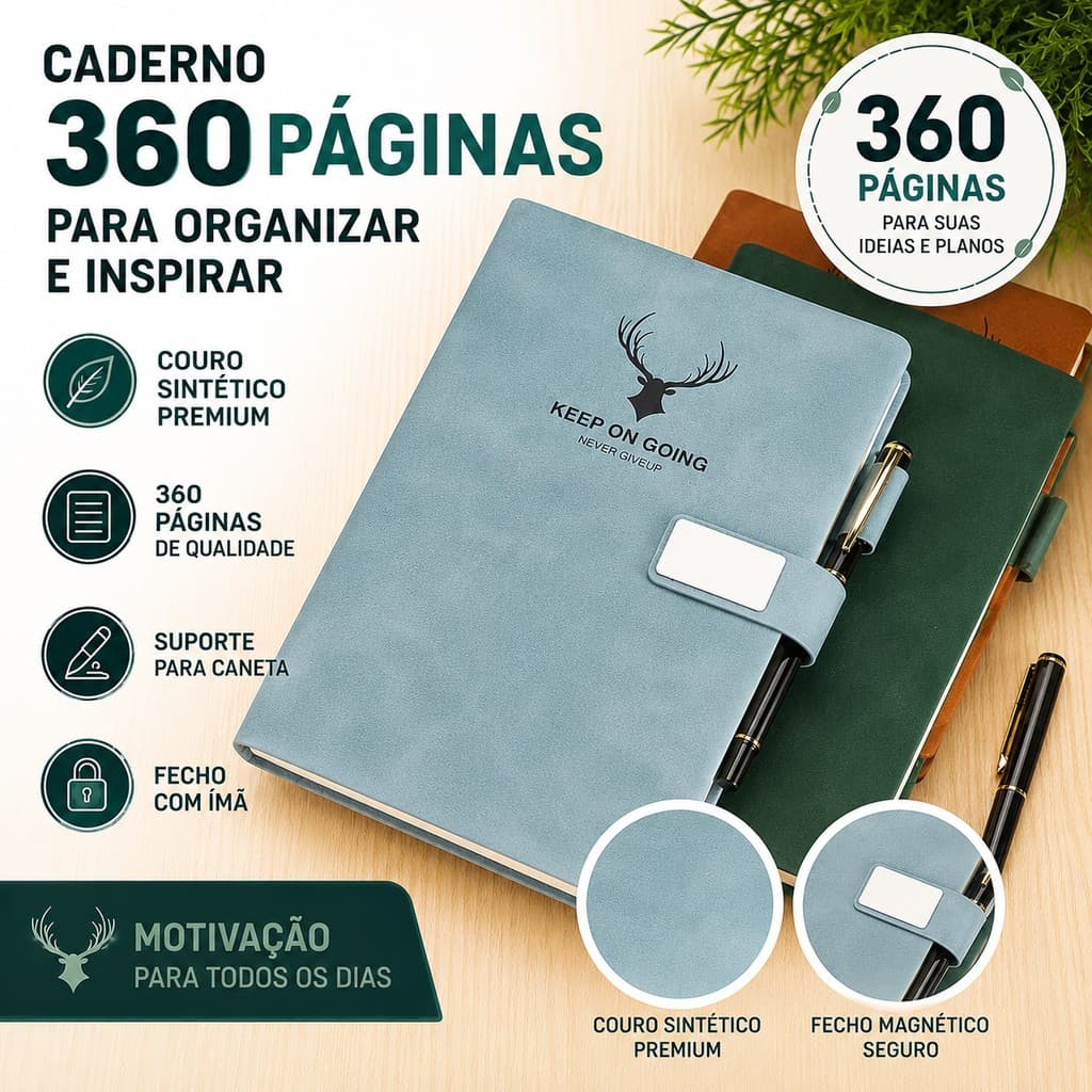 Caderno A5 Executivo 360 Folhas Extra Grosso Couro com Fecho Magnético Planner 2026
