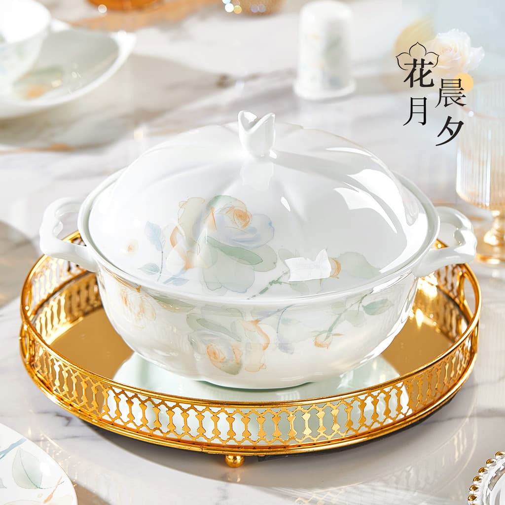 Tangshan Bone China Orelha Dupla Tigela de Sopa Grande com Tampa Panela de Sopa Doméstica Novo Estilo 2026 Pote de Sabor