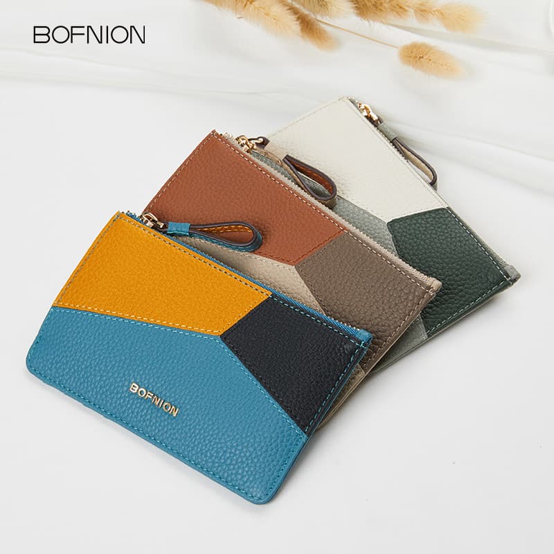 Porta-cartões feminino novo estilo primeira camada de couro contraste cor moeda bolsa integrada Mini Multi-cartão pequen