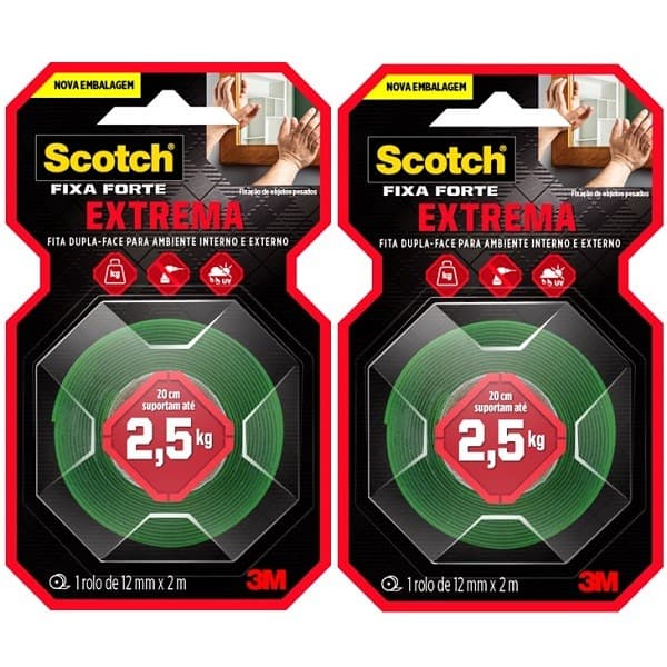 Kit com 2 Fita Dupla Face Fixa Forte Extrema 3M 12MM X 2M