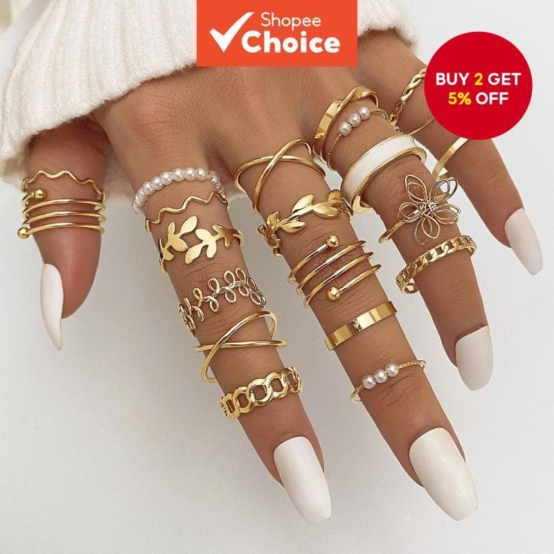 Conjunto de 22 anéis femininos de moda com imitação de pérolas, designs de flores, folhas e formas geométricas.