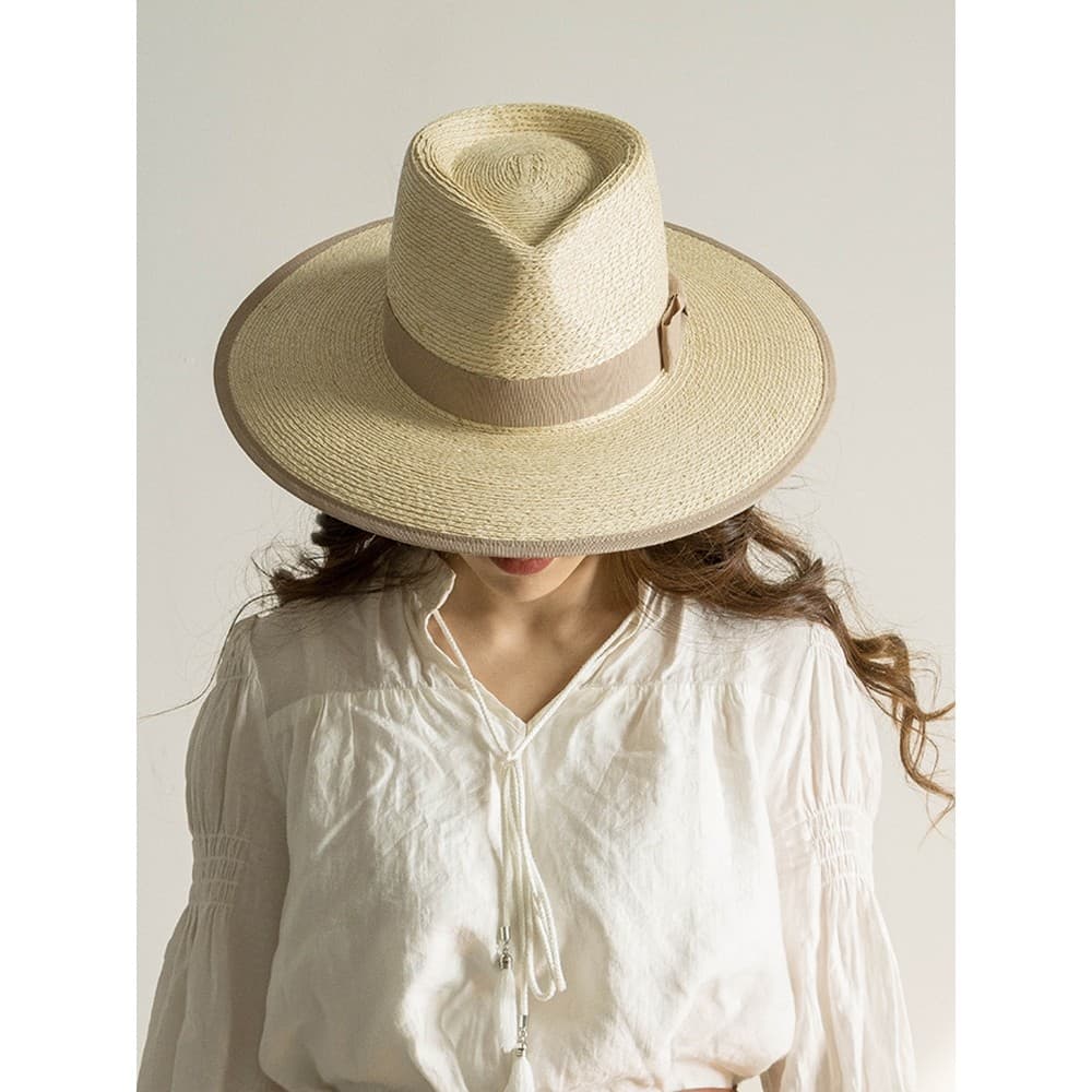 Chapéu de palha panamá jazz primavera verão novo estilo bainha arco Natural folha de palmeira jazz chapéu de palha féria
