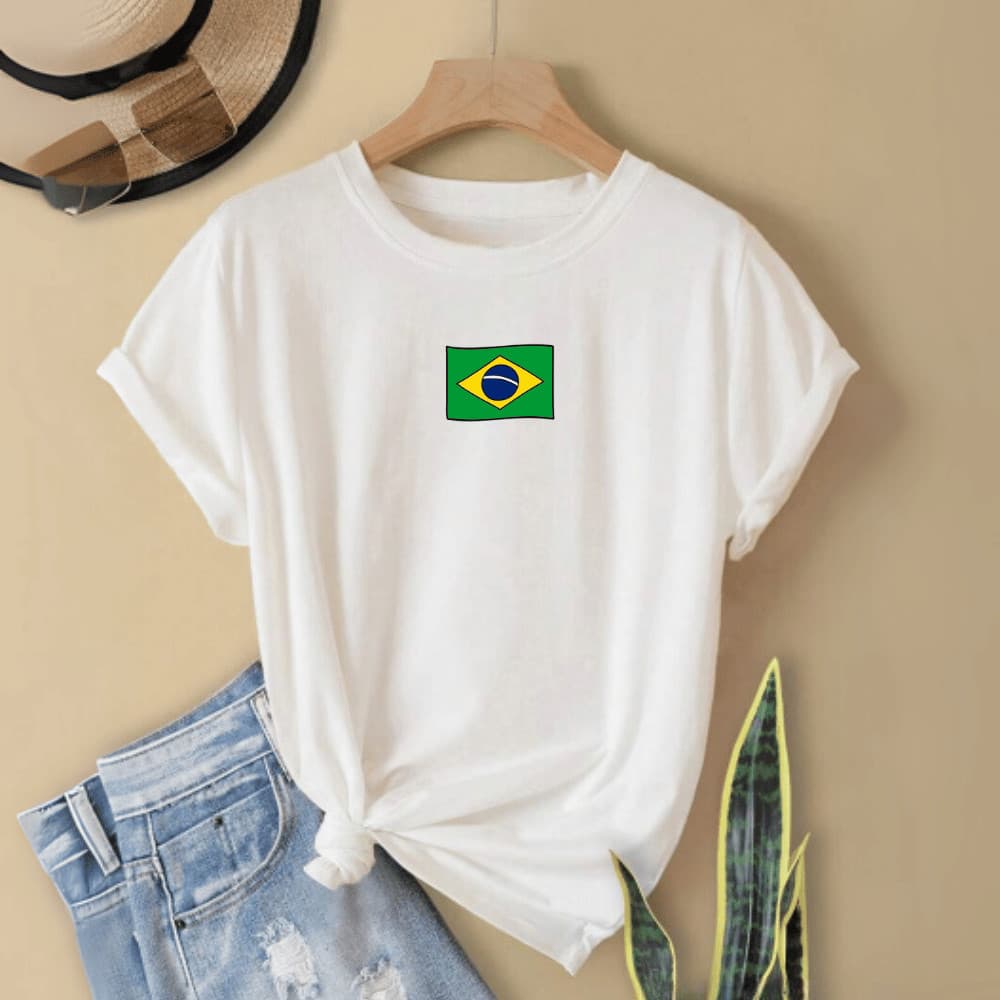 Camiseta Feminina Básica 100% Algodão Confortável Copa Bandeira Casual T-shirt Tropical