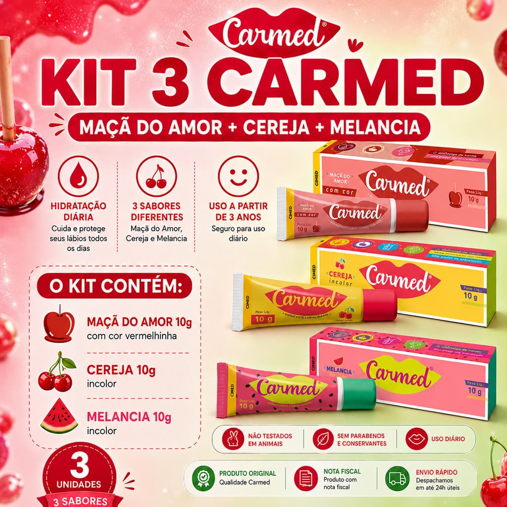 Kit 3 Hidratantes Labiais Carmed | Melancia, Cereja e Maçã do Amor