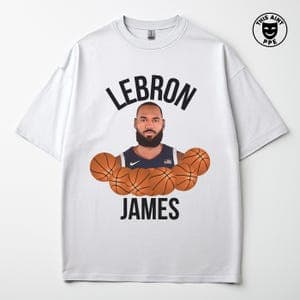 Camiseta Masculina e Feminina Oversized, Estampa de rosto de LeBron James com bolas de basquete Seleção EUA, T-shirt