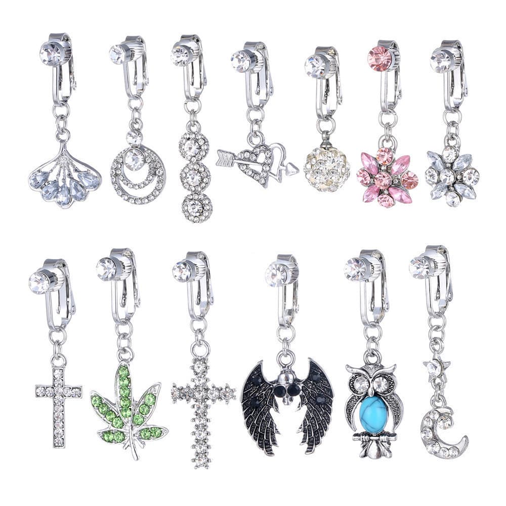 Acessórios mais vendidos: anéis de umbigo falsos sem furo, brincos de umbigo, brincos, ear cuffs.