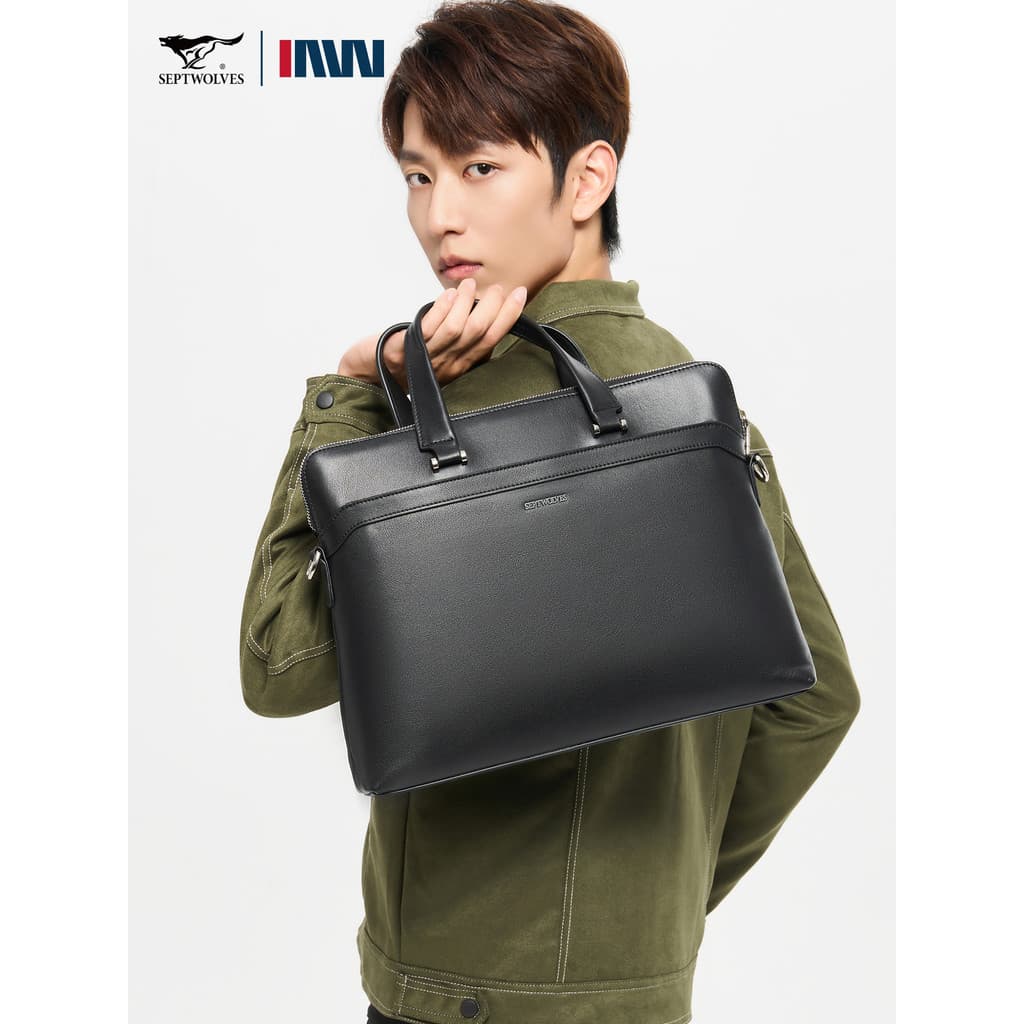 Qipi Wolf Pasta de Couro Maleta Masculina Simples Bolsa de Computador de Grande Capacidade Moda Commuter Bolsa Bolsa Cro
