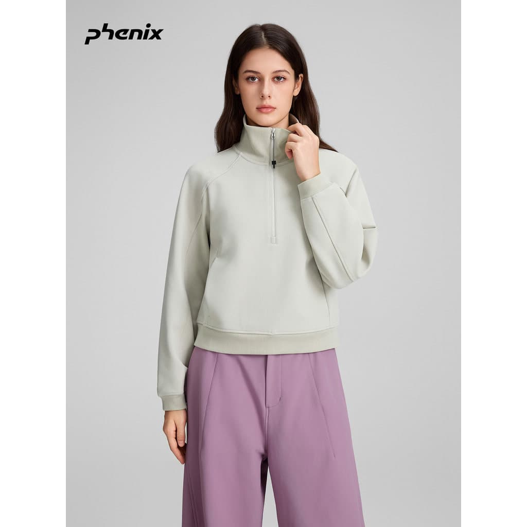 + phenix Phoenix pulôver de malha moletom feminino 2025FW outono inverno repelente de água meio zíper gola Top