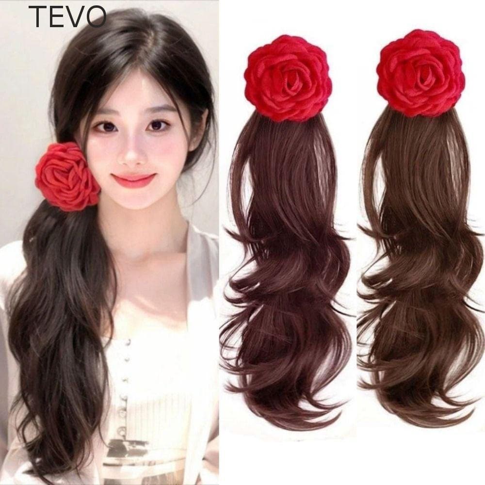 Peruca De Rabo De Cavalo Com Clipe De Garra Rosa TEVO , Elegante Prendedor , Flor , Fofo