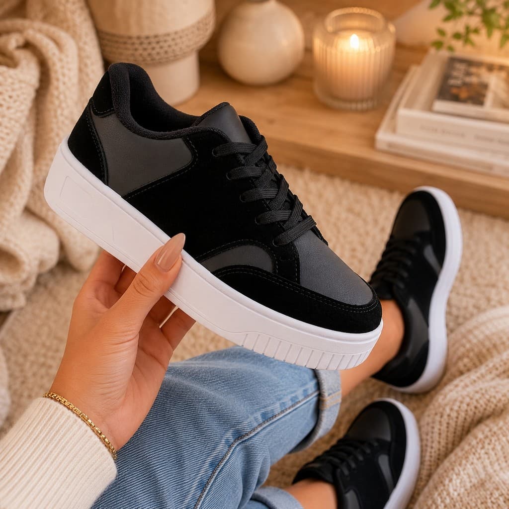 Tênis Feminino Plataforma Sola Reta Casual Confortável Branco e Preto Blogueira