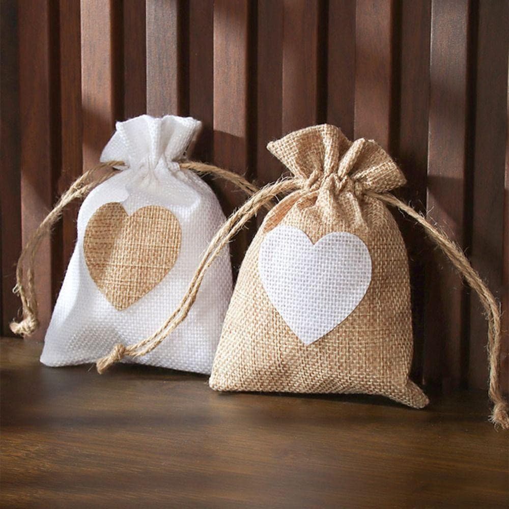 Sacolas de presente para casamento, pacote com 10, estampa de biscoito em formato de coração, sacolas de juta para embal