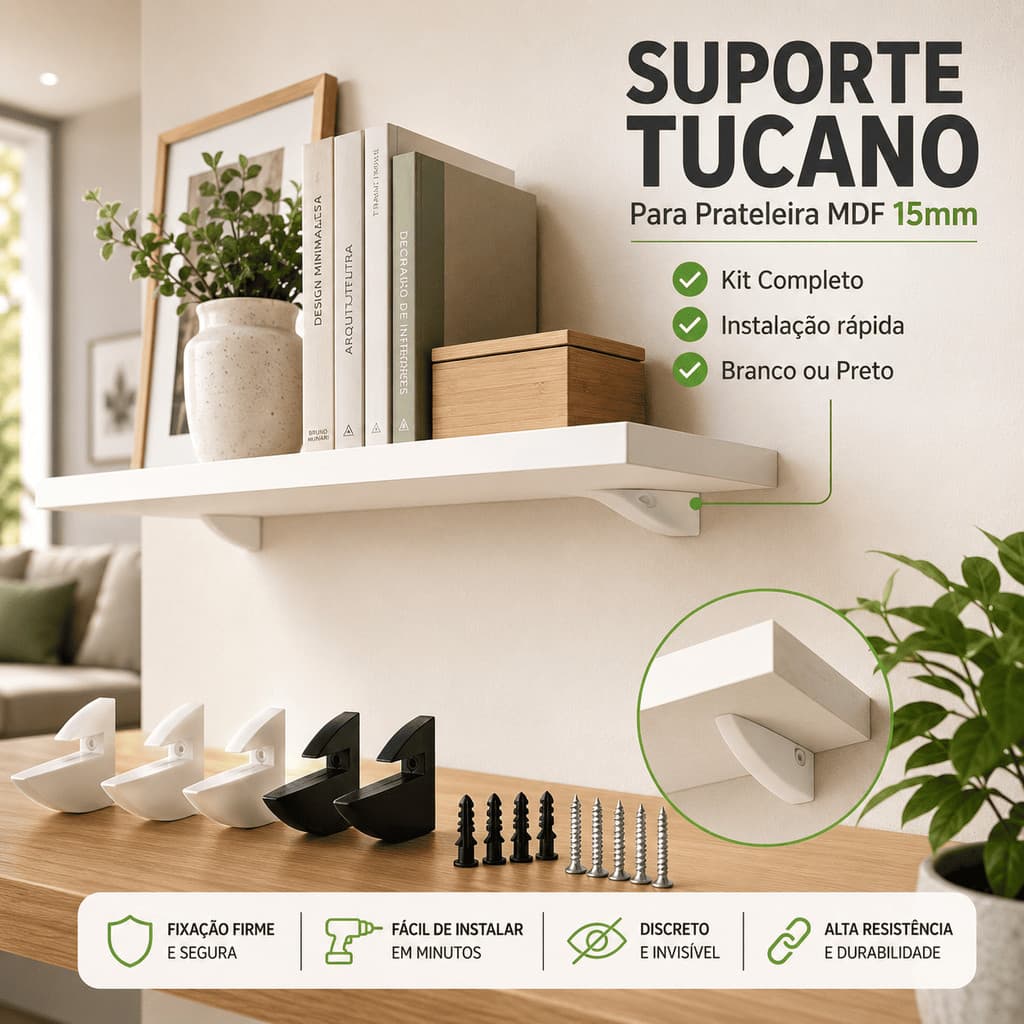 Kit 2 Suportes Tucano Para Prateleira MDF 15mm Fixador Invisível Preto