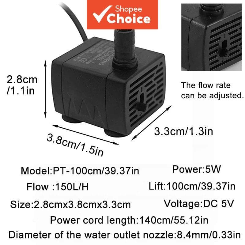 Mini Bomba Submersível De Cinco Watts Para Aquários Fluxo Ajustável Alimentado Por Usb 150L/H