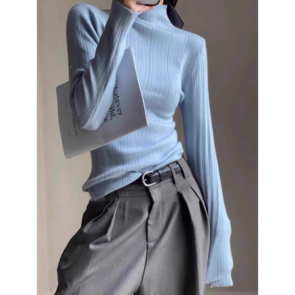 Estilo coreano azul meia gola alta camisola topo feminino 2026 outono novo estilo fino-ajuste mais magro olhar camisola