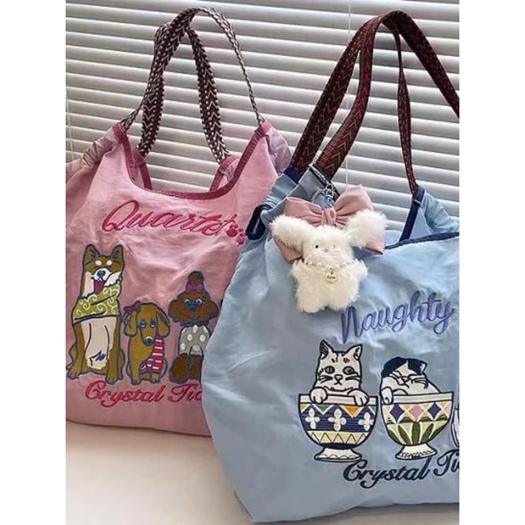 Saco de compras bordado japonês 2023 japonês saco ecológico grande capacidade Commuter Tote ombro pano saco bola corrent