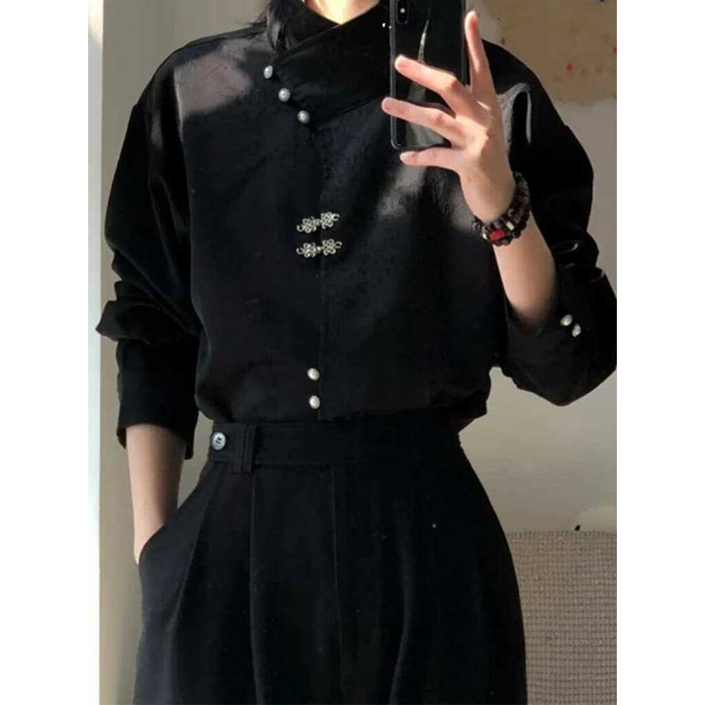 Novo estilo chinês fivela de Metal gola alta camisa de manga comprida masculino feminino estilo cetim melhorado Hanfu to