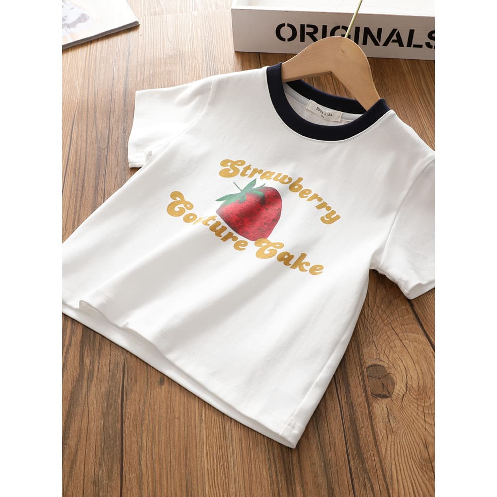 Meninas puro algodão de manga curta camiseta médio grande crianças moda curto quente menina topo doce morango 2026 verão
