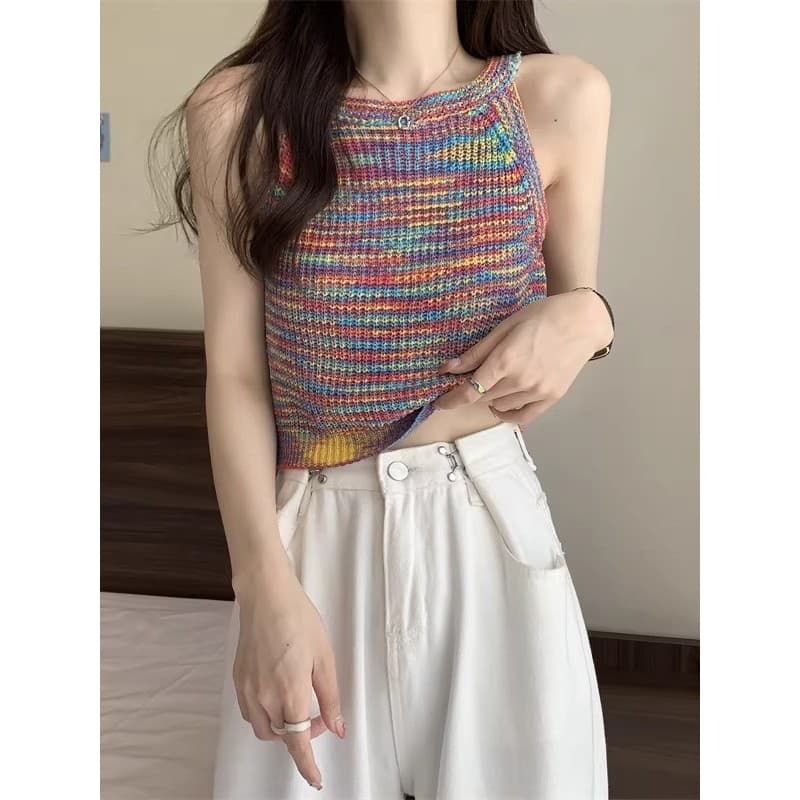 Design sentimento nicho contraste cor listrado camisola de malha feminina verão exterior Wear terno jogo interno menina