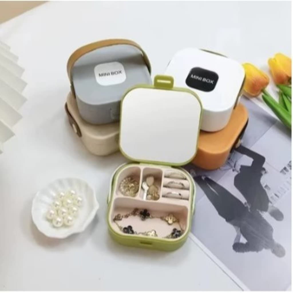 Porta Joia Mini Box De Bolsa Para Viagem Portátil caixa de armazenamento bolsa anel colar C/ Espelho
