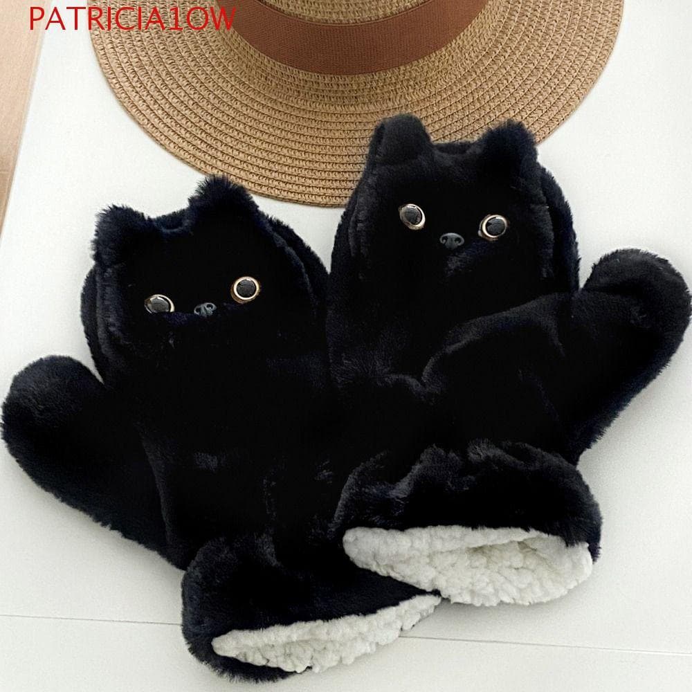 PATRICIA1OW Luvas De Pele De Gato Preta , Luva Fofa De Gatinho De Desenho Animado , Pelúcia Quente , Grossas De Cabresto