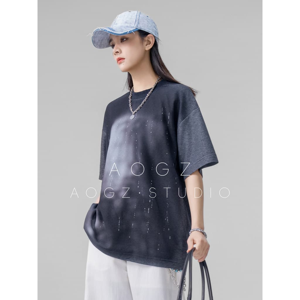 AOGZ Lyocell em torno do pescoço de manga curta camiseta das mulheres dos homens verão novo estilo Design sentido tinta