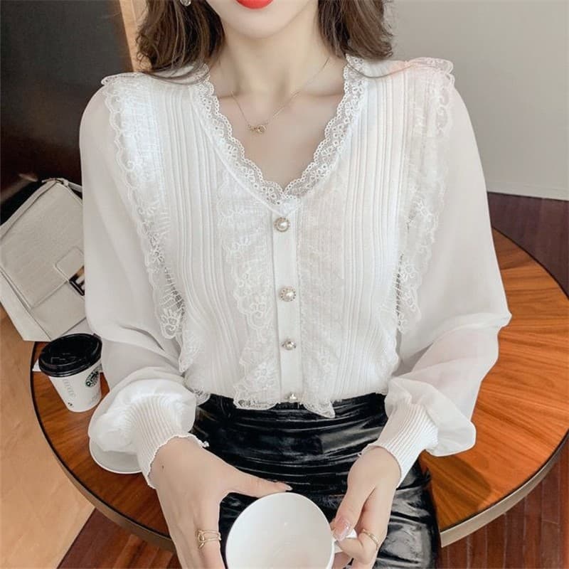 Malha renda costura Chiffon camisola de manga comprida feminina primavera outono novo estilo com decote em V fino ajuste