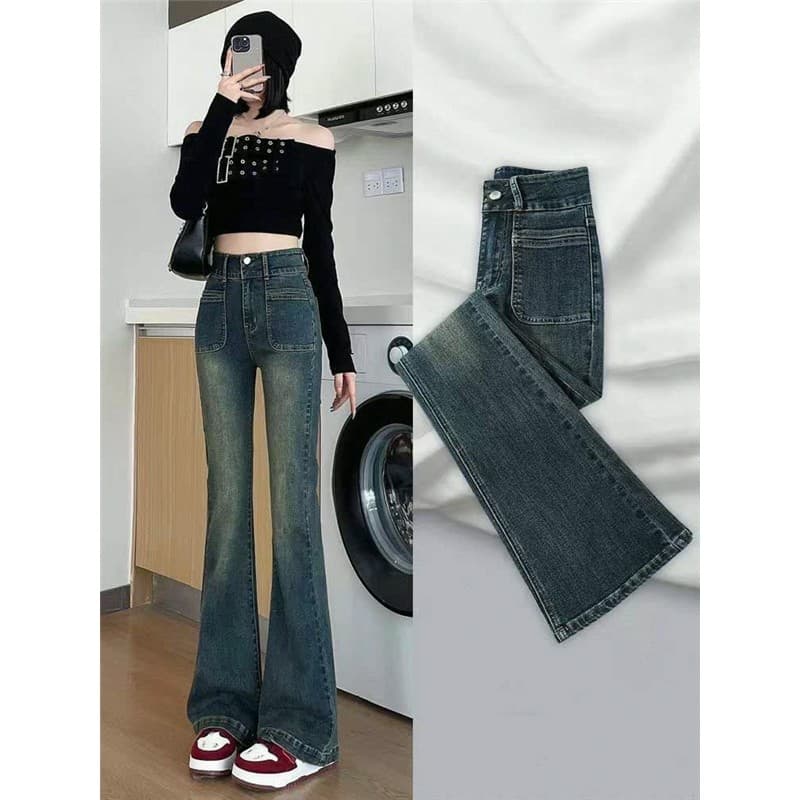 Cintura alta duplo breasted Micro-breasted Jeans primavera outono mais magro olhar elástico nostálgico Retro Hip @-