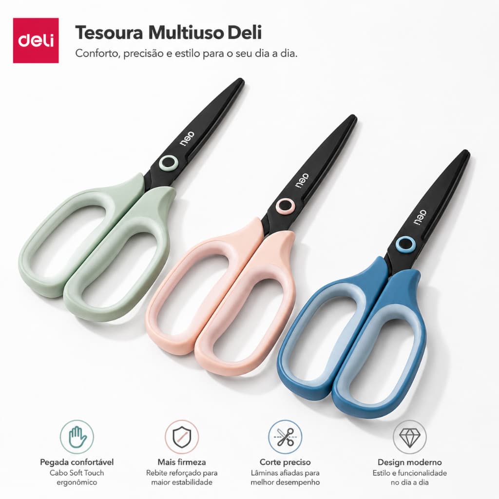 Tesoura Multiuso Deli Aço Inox com Cabo Soft Touch Corte Preciso Escola Escritório e Artesanato