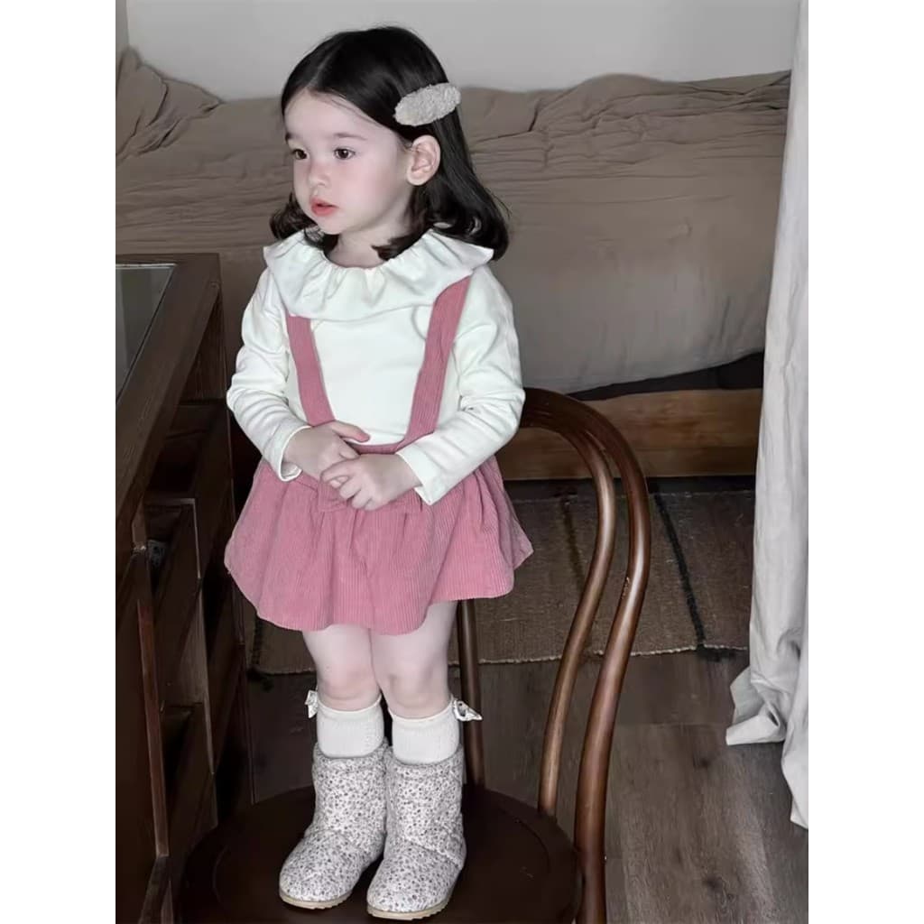 Versão coreana primavera outono estilo meninas folha de lótus gola alça superior saia conjunto de duas peças crianças be
