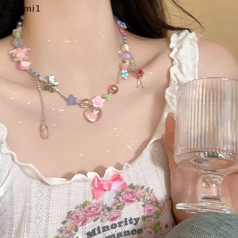 nanami1 Y2K Colar De Doces Feminino Meninas Doce Fofo Gargantilha Colorida Tecida À Mão Com Contas Curtas Clavicl Corren