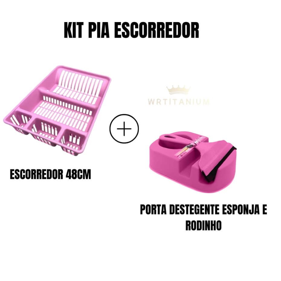 Escorredor Pia Rosa com Porta Detergente Esponja e Rodinho