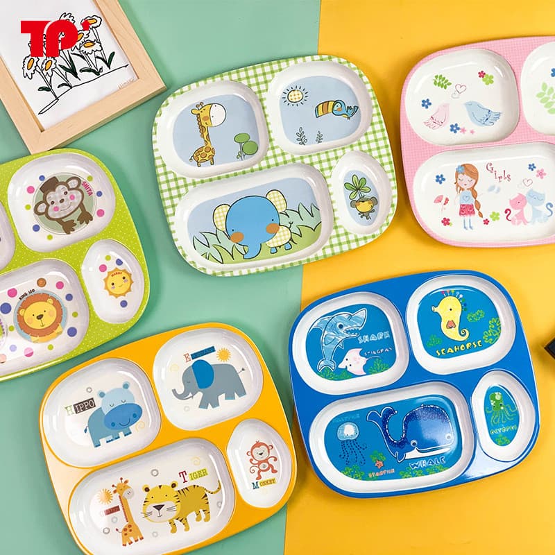 T TP prato de jantar infantil de qualidade alimentar, tigela fofa de desenho animado para bebês, prato de compartimento