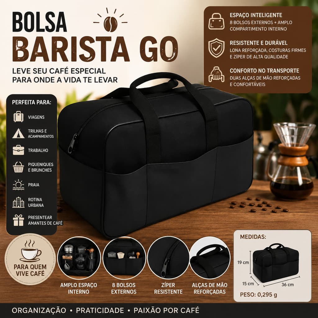 Bolsa Para Kit Café Especial Com 8 Bolsos Em Lona Reforçada Para Moedor Coador E Garrafa Térmica