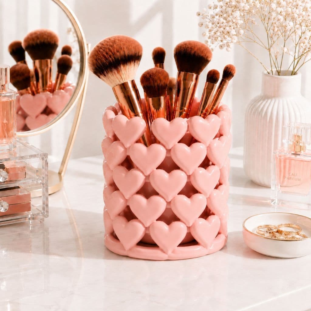 Porta Pincéis de Maquiagem Coração Decorativo Organizador Moderno Fosco almofadado